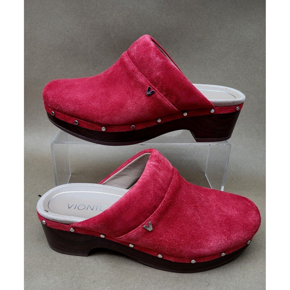 Vionic Kacie Red Sz 6 Orthotic Support Suede Studded Slip On Clogs Mule Women's